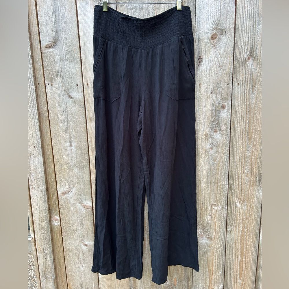 Three Dots Black Rayon Gauze Wide Leg Pants
